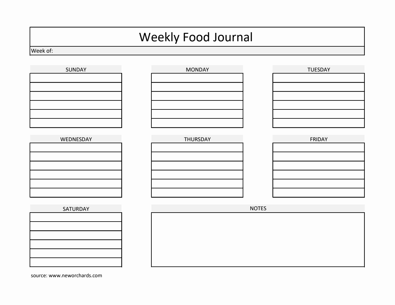 Landscape Weekly Food Journal Template |  Free Excel Download