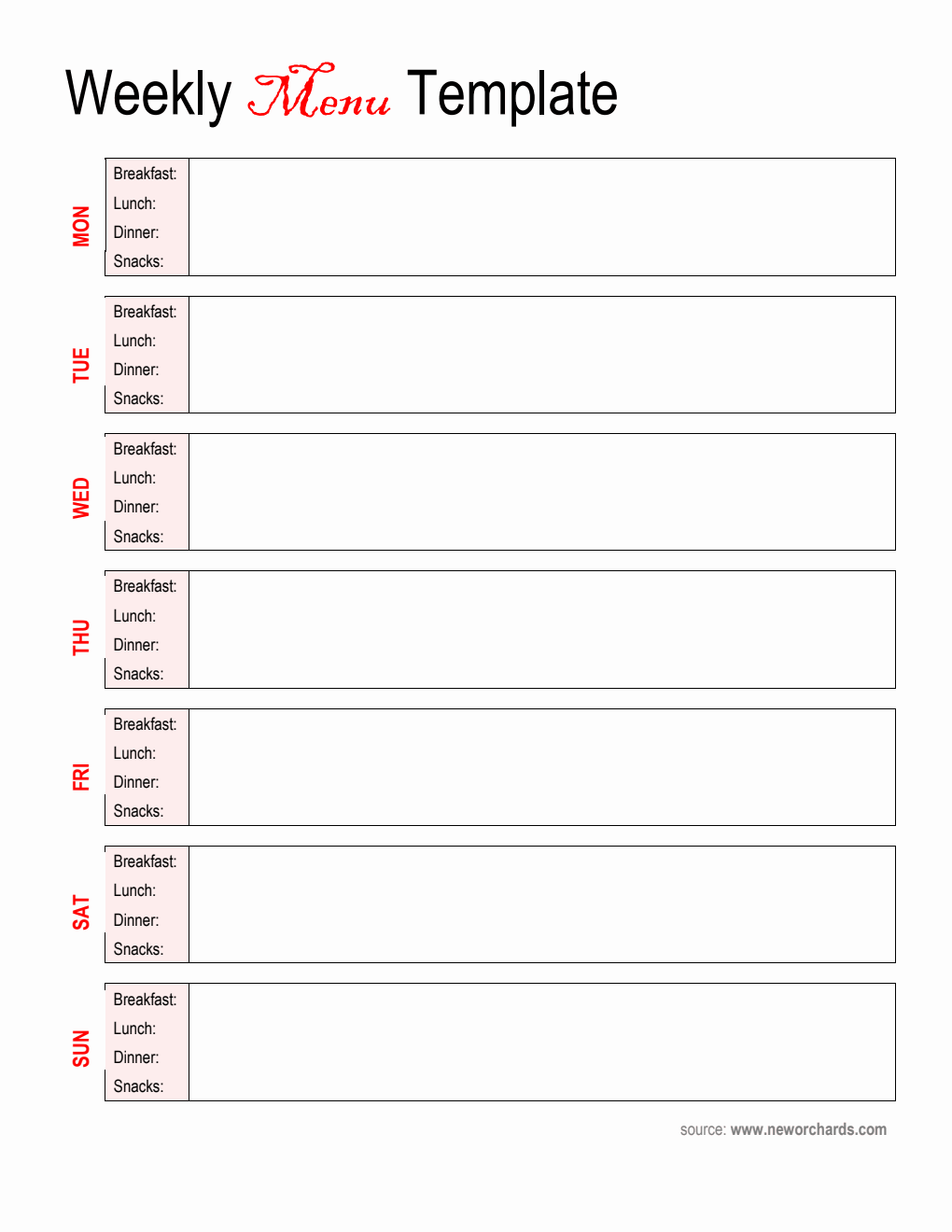 Free Downloadable Weekly Menu Template in PDF