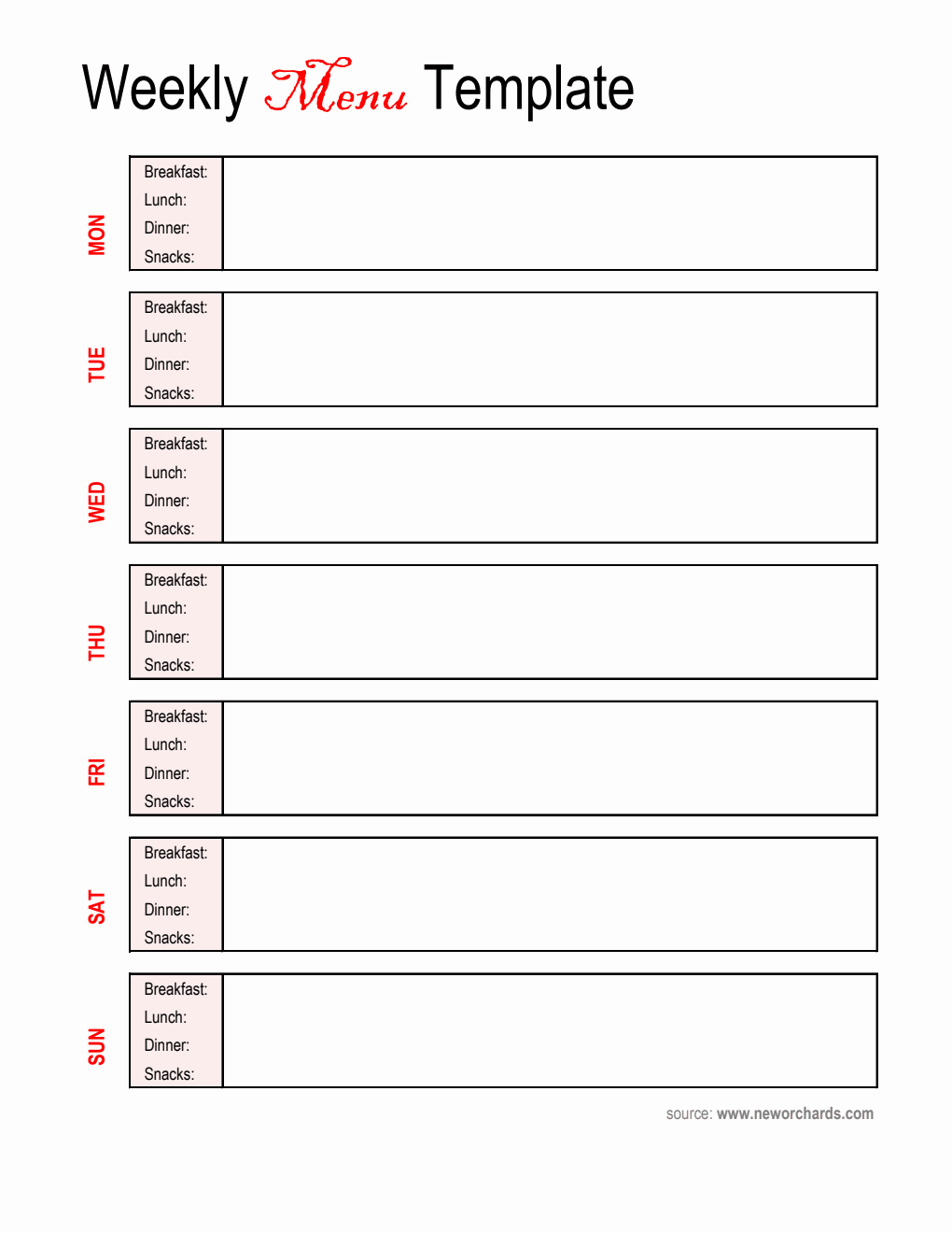 Free Downloadable Weekly Menu Template in Excel