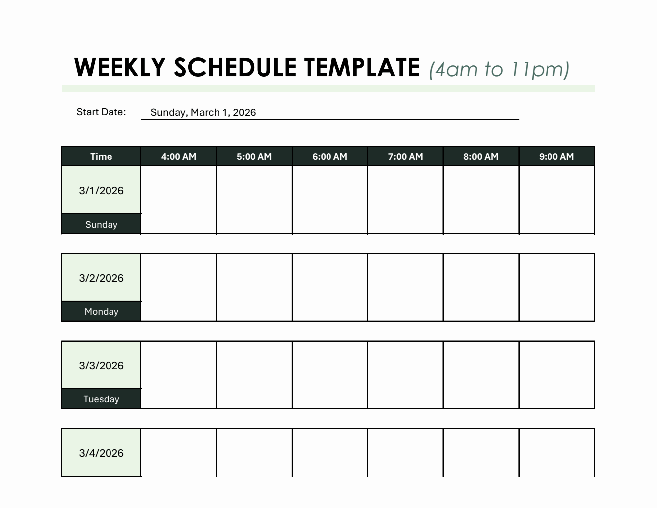 Customizable Weekly Hourly Schedule Template in Excel