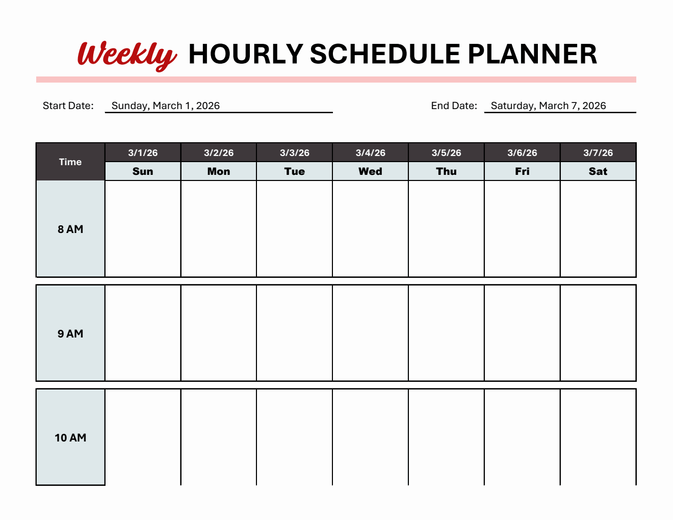 Classic Weekly Hourly Schedule Template in Excel