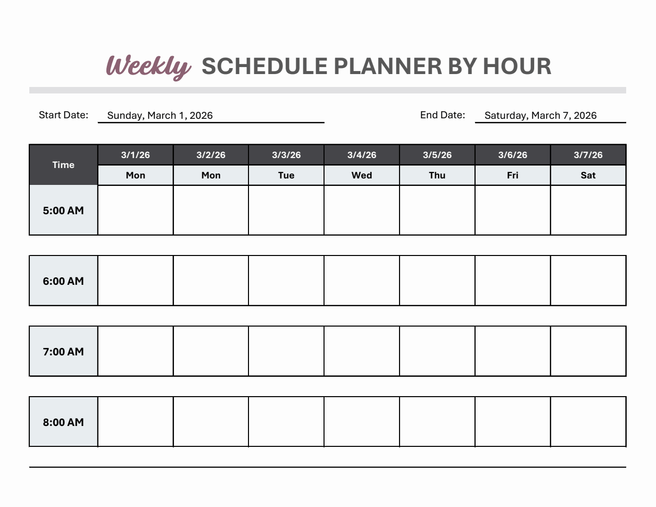 Downloadable Weekly Hourly Schedule Template in Excel