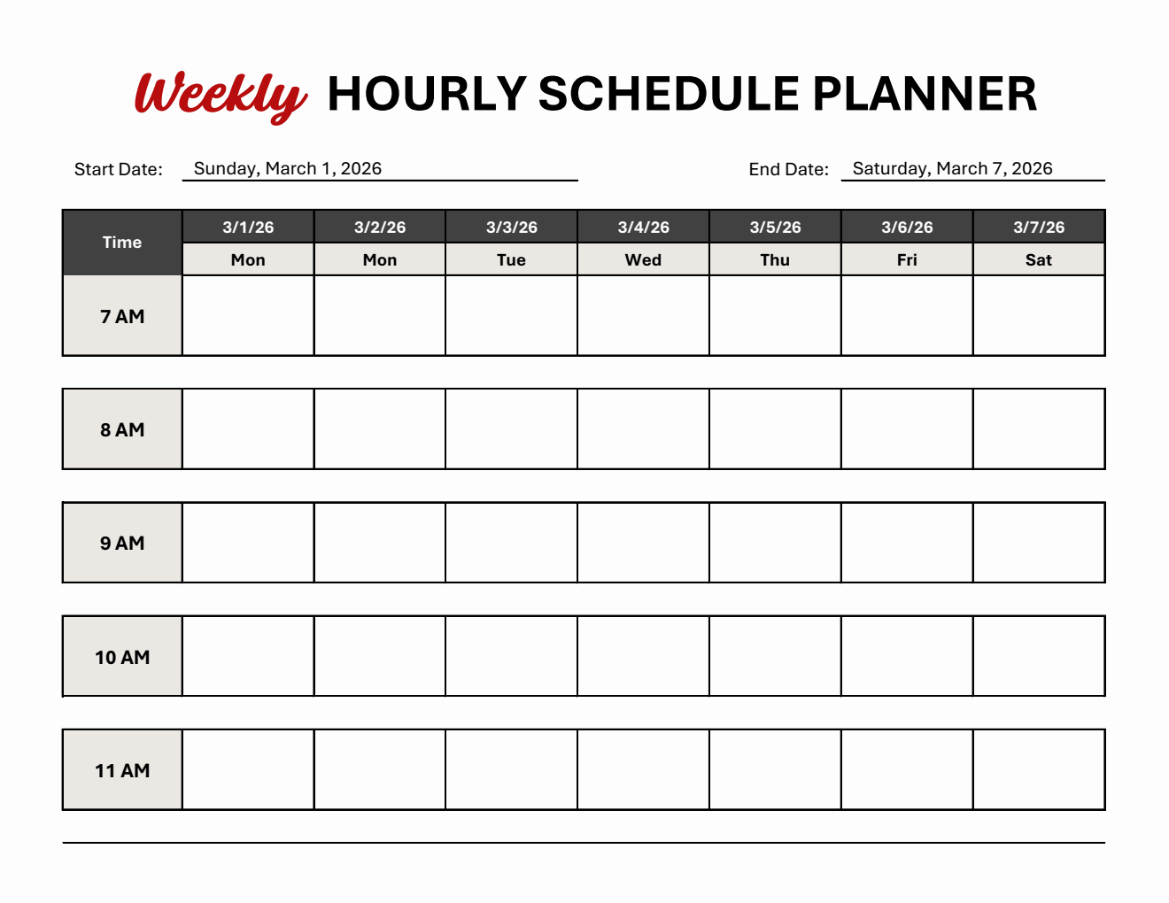 Simple Weekly Hourly Schedule Template in Excel