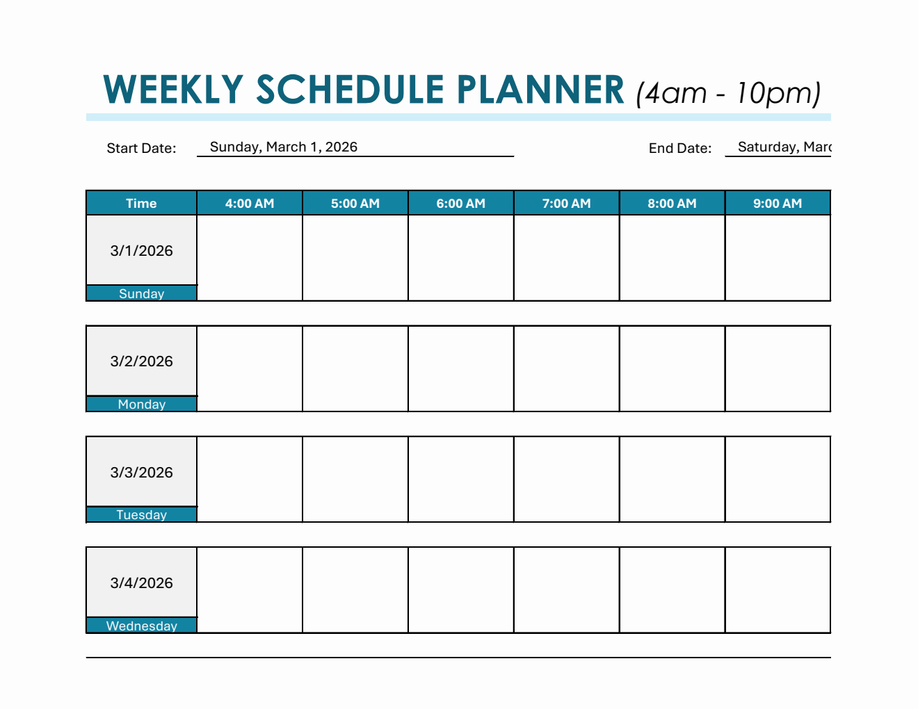 Editable Weekly Hourly Schedule Template in Excel